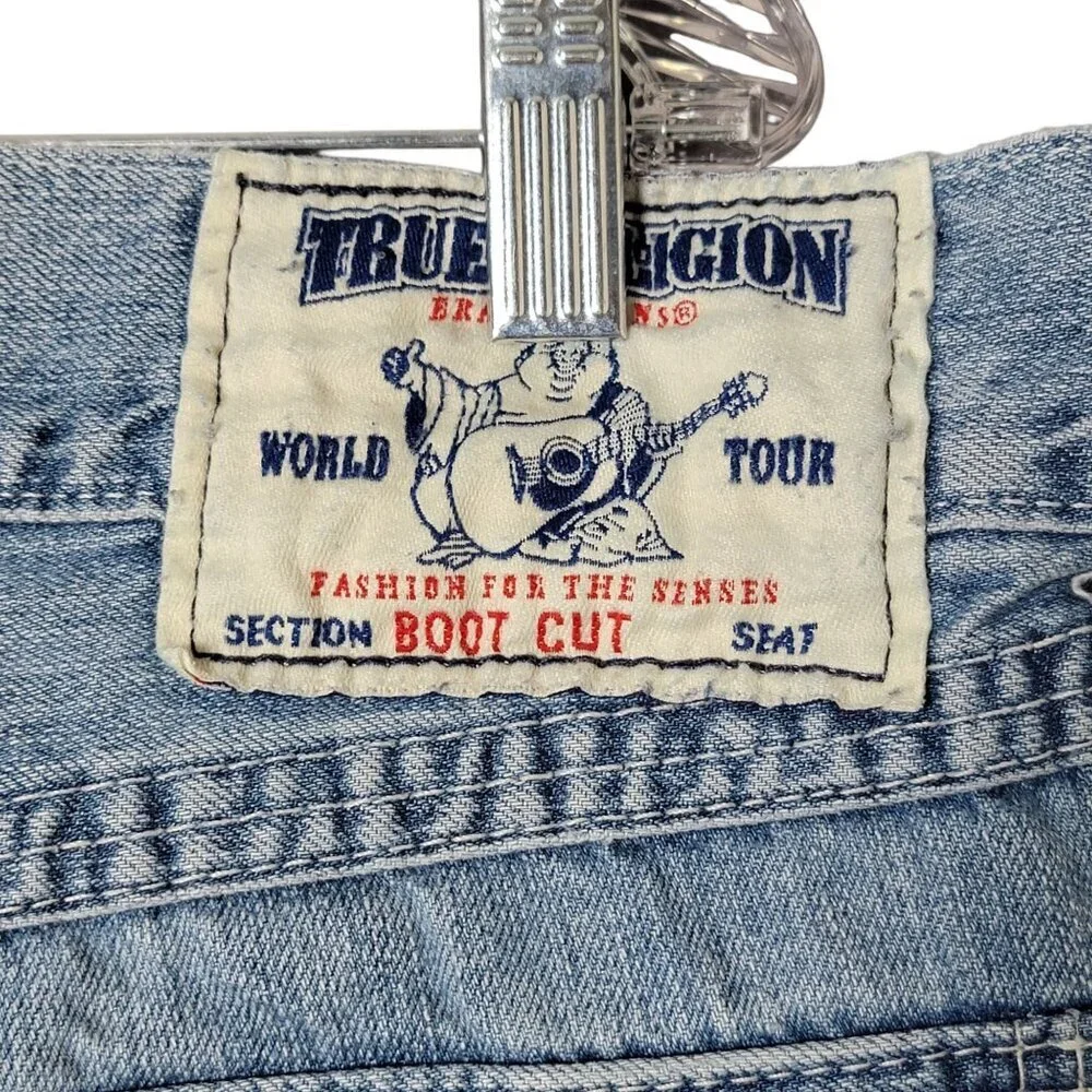 True Religion Mens Y2K Light Wash Boot Cut Flap Pockets Faded Jeans 36 USA